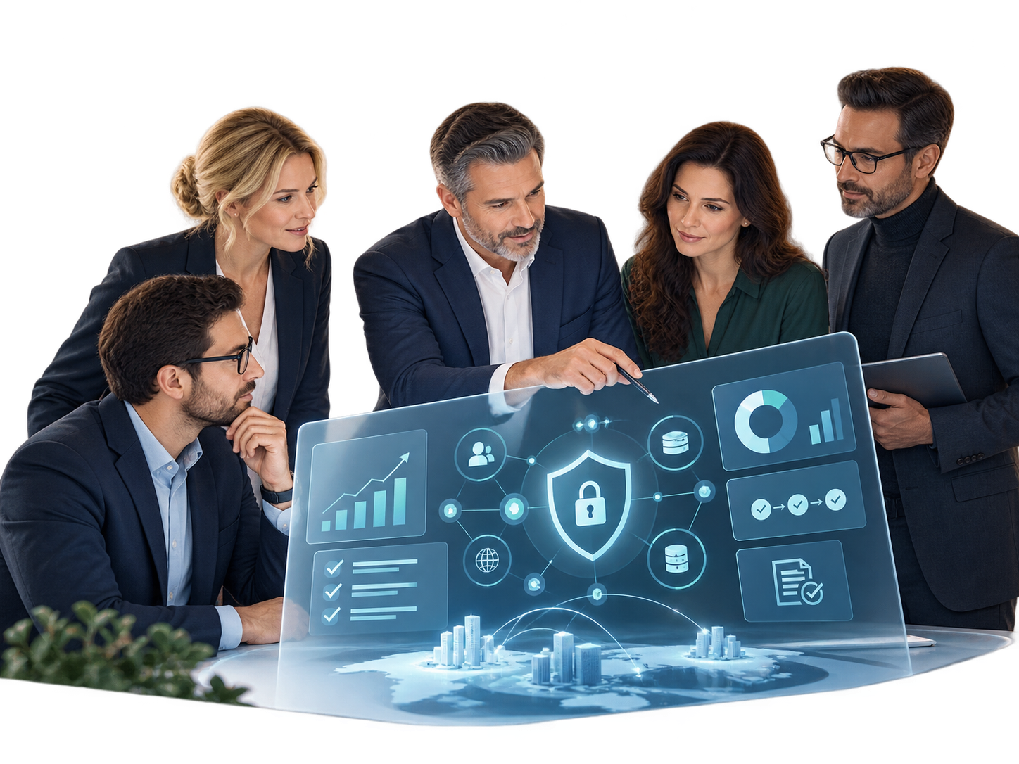 Illustration: Management, IT, Datenschutz, Informationssicherheit, Risiko und IT-Dienstleister arbeiten über eine gemeinsame Cybersecurity-Steuerung zusammen.