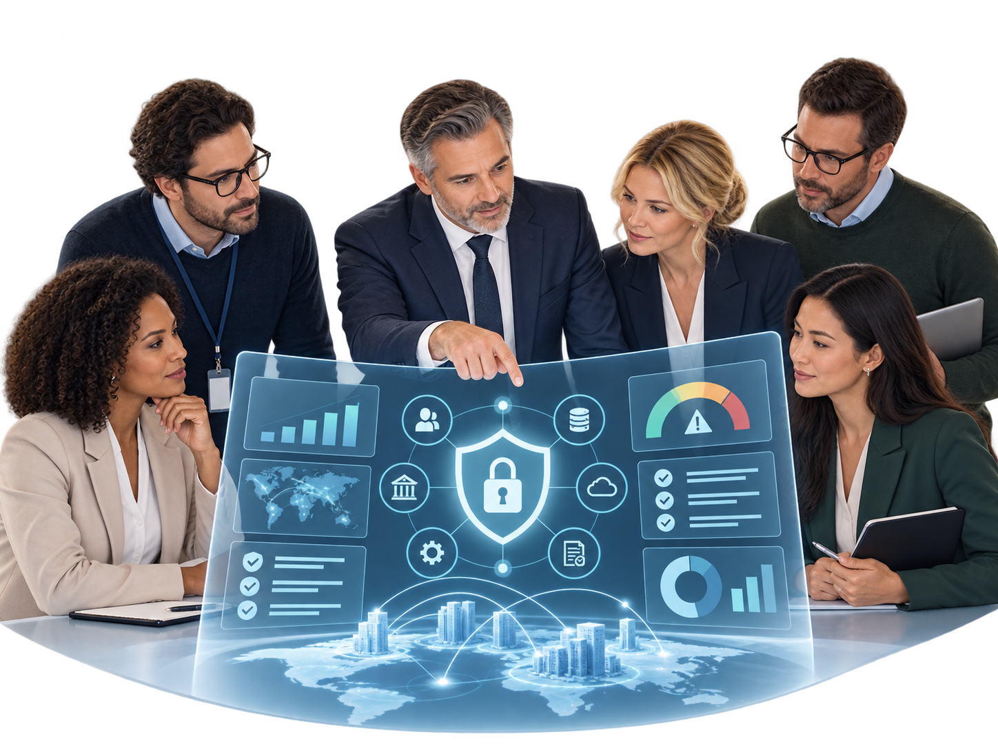 Illustration mit den Rollen Geschäftsführung, IT, Datenschutz, Informationssicherheit, Risikomanagement, Compliance und IT-Dienstleister rund um eine gemeinsame Steuerung.
